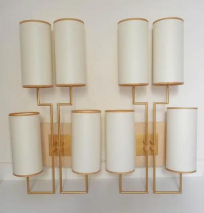 Aymeric Lefort Pair of Wall Lamp Sconce in Gold Patina and White Lamp Shades