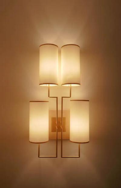 Aymeric Lefort Pair of Wall Lamp Sconce in Gold Patina and White Lamp Shades