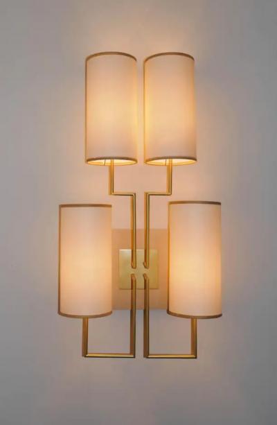 Aymeric Lefort Pair of Wall Lamp Sconce in Gold Patina and White Lamp Shades