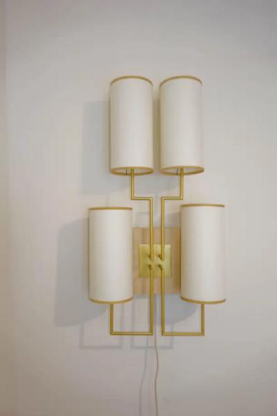 Aymeric Lefort Pair of Wall Lamp Sconce in Gold Patina and White Lamp Shades