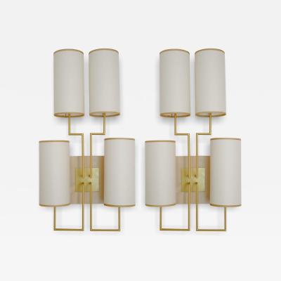 Aymeric Lefort Pair of Wall Lamp Sconce in Gold Patina and White Lamp Shades