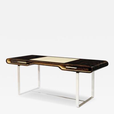 Aymeric Lefort Shanghai Desk in Ziricotte Wood Leather Top and Silver Patined Leg