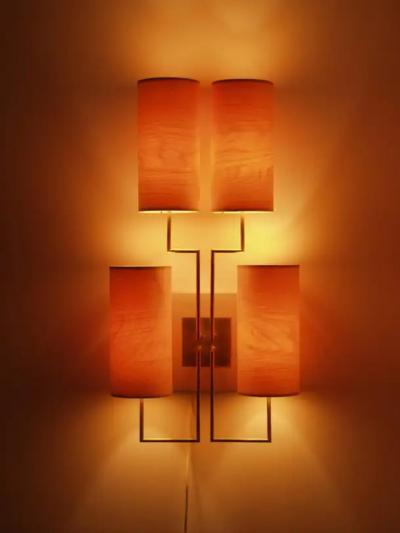 Aymeric Lefort Wall Lamp Sconce Tige4 Gold Bronze Patina Wooden Lampshades by Aymeric Lefort