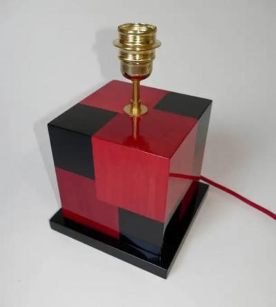 Aymeric Lefort new Red and Black Table Lamp in Wood Marquetery by Aymeric Lefort