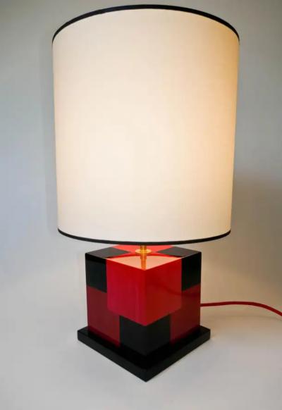 Aymeric Lefort new Red and Black Table Lamp in Wood Marquetery by Aymeric Lefort