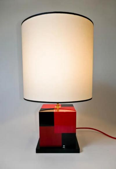 Aymeric Lefort new Red and Black Table Lamp in Wood Marquetery by Aymeric Lefort