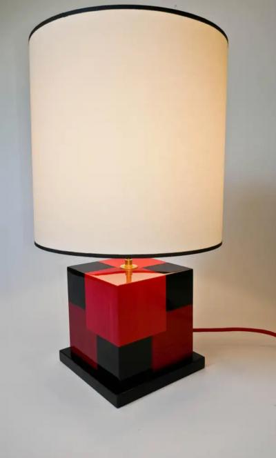 Aymeric Lefort new Red and Black Table Lamp in Wood Marquetery by Aymeric Lefort