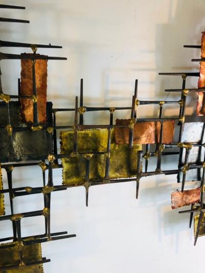B H Kelvin SIGNED MONUMENTAL BRUTALIST MIXED METALS AND NAILS WALL SCULPTURE