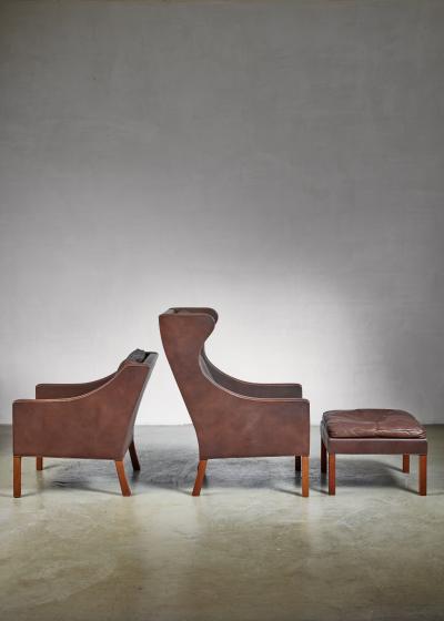 B rge Mogensen Borge Mogensen Brown Leather Wingback and Lounge Chair with Ottoman