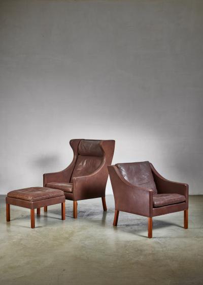 B rge Mogensen Borge Mogensen Brown Leather Wingback and Lounge Chair with Ottoman
