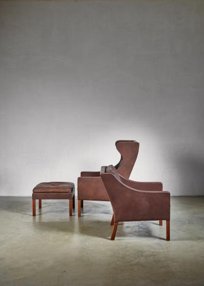 B rge Mogensen Borge Mogensen Brown Leather Wingback and Lounge Chair with Ottoman