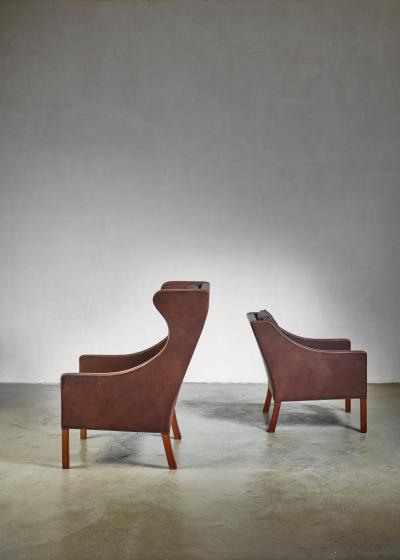 B rge Mogensen Borge Mogensen Brown Leather Wingback and Lounge Chair with Ottoman