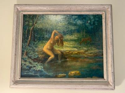 BATHING NUDE AND DEER IN LUSH LANDSCAPE PAINTING BY MICHAEL BENEDETTO