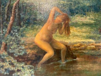 BATHING NUDE AND DEER IN LUSH LANDSCAPE PAINTING BY MICHAEL BENEDETTO