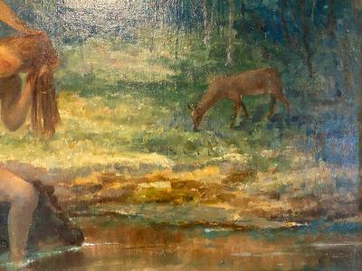 BATHING NUDE AND DEER IN LUSH LANDSCAPE PAINTING BY MICHAEL BENEDETTO