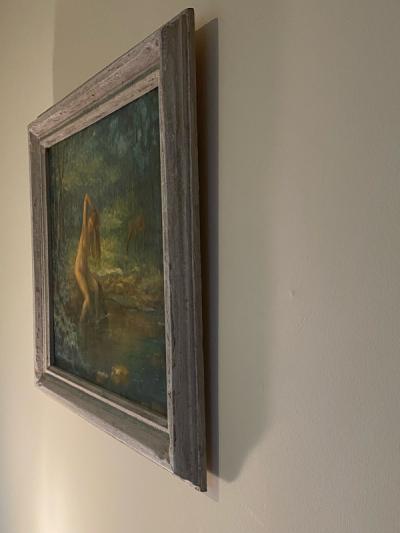 BATHING NUDE AND DEER IN LUSH LANDSCAPE PAINTING BY MICHAEL BENEDETTO