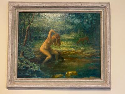 BATHING NUDE AND DEER IN LUSH LANDSCAPE PAINTING BY MICHAEL BENEDETTO
