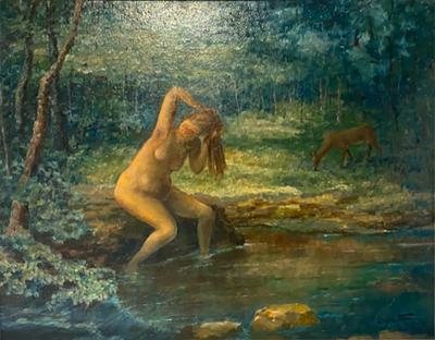 BATHING NUDE AND DEER IN LUSH LANDSCAPE PAINTING BY MICHAEL BENEDETTO