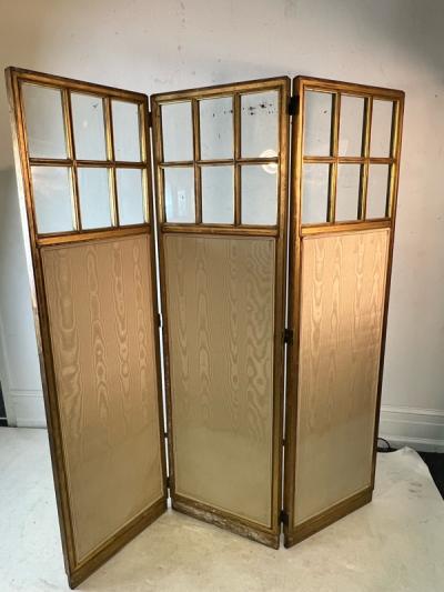 BEAUTIFUL ANTIQUE GILT WOOD GLASS AND MIRROR TRIFOLD ROOM SCREEN