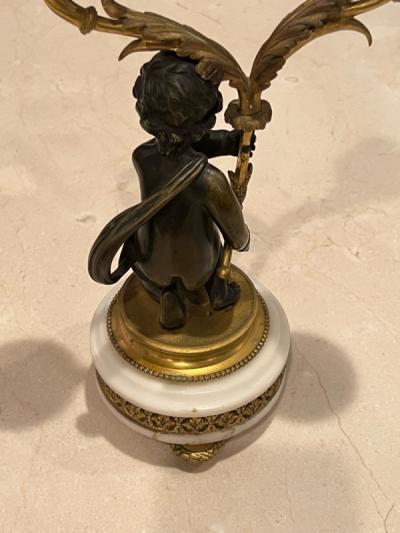 BEAUTIFUL ANTIQUE PAIR OF FRENCH DORE BRONZE AND BRONZE CHERUB CANDELABRA