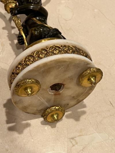 BEAUTIFUL ANTIQUE PAIR OF FRENCH DORE BRONZE AND BRONZE CHERUB CANDELABRA