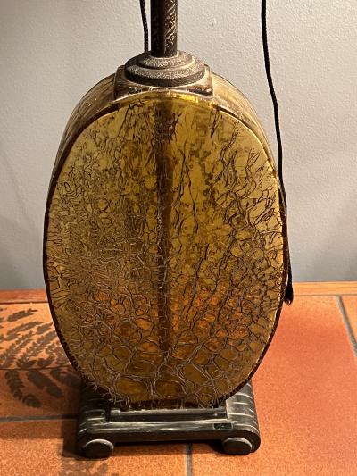 BEAUTIFUL ART DECO AMBER CRACKLE GLASS LAMP WITH MICA SHADE