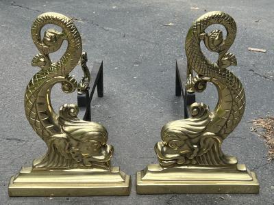 BEAUTIFUL ART DECO BRASS DOLPHIN ANDIRONS