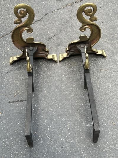 BEAUTIFUL ART DECO BRASS DOLPHIN ANDIRONS