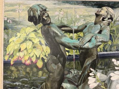 BEAUTIFUL LARGE SCALE PAINTING OF BRONZE FIGURAL FOUNTAIN FLOWERS IN GARDEN