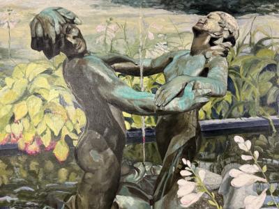 BEAUTIFUL LARGE SCALE PAINTING OF BRONZE FIGURAL FOUNTAIN FLOWERS IN GARDEN