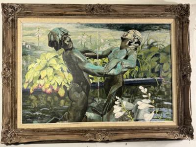 BEAUTIFUL LARGE SCALE PAINTING OF BRONZE FIGURAL FOUNTAIN FLOWERS IN GARDEN