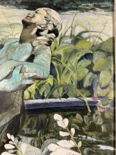 BEAUTIFUL LARGE SCALE PAINTING OF BRONZE FIGURAL FOUNTAIN FLOWERS IN GARDEN