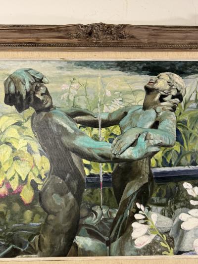 BEAUTIFUL LARGE SCALE PAINTING OF BRONZE FIGURAL FOUNTAIN FLOWERS IN GARDEN