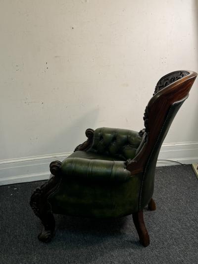 BEAUTIFUL ORNATELY CARVED WOOD AND BUTTON TUFTED LEATHER ARMCHAIR