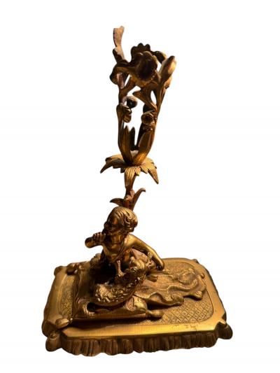 BEAUTIFUL19TH CENTURY BOY GIRL CAT DOG ON PILLOWS BRASS CANDLESTICKS