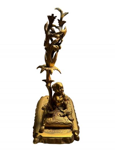 BEAUTIFUL19TH CENTURY BOY GIRL CAT DOG ON PILLOWS BRASS CANDLESTICKS