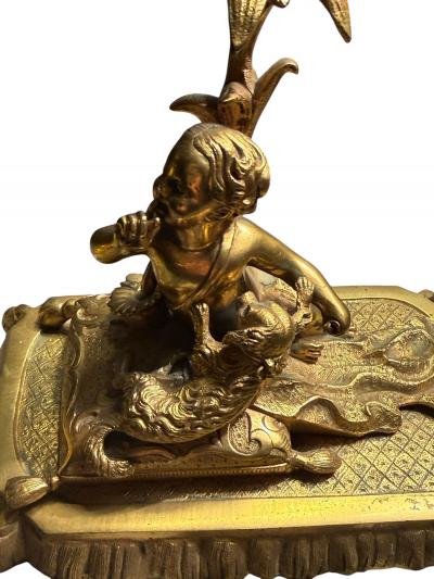 BEAUTIFUL19TH CENTURY BOY GIRL CAT DOG ON PILLOWS BRASS CANDLESTICKS