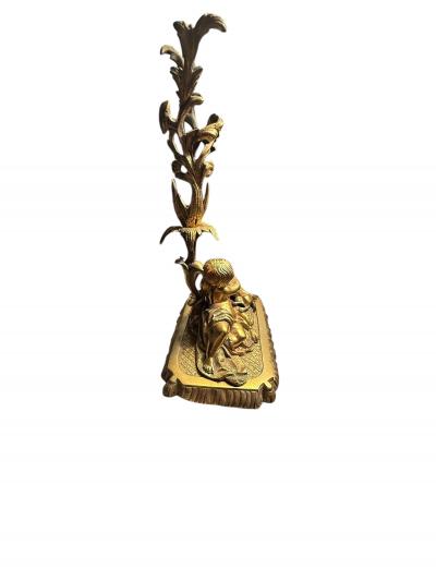 BEAUTIFUL19TH CENTURY BOY GIRL CAT DOG ON PILLOWS BRASS CANDLESTICKS