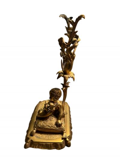 BEAUTIFUL19TH CENTURY BOY GIRL CAT DOG ON PILLOWS BRASS CANDLESTICKS