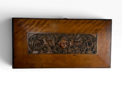 BELLE EPOQUE CARVED WOMAN WITH FESTOONS MAHOGANY PLAQUE