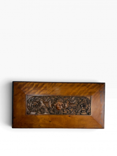 BELLE EPOQUE CARVED WOMAN WITH FESTOONS MAHOGANY PLAQUE