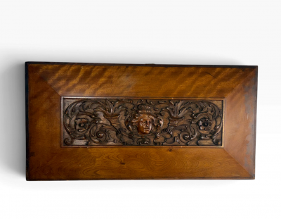 BELLE EPOQUE CARVED WOMAN WITH FESTOONS MAHOGANY PLAQUE