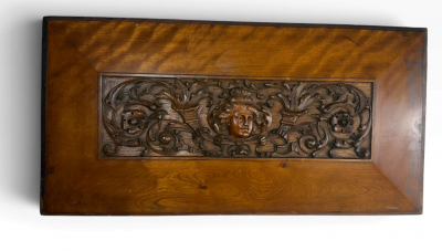 BELLE EPOQUE CARVED WOMAN WITH FESTOONS MAHOGANY PLAQUE