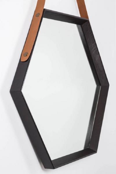 BEVERLY OAK AND LEATHER HEXAGON MIRROR BY ORANGE LOS ANGELES
