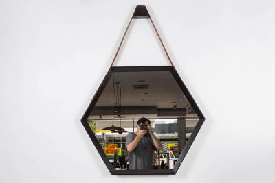 BEVERLY OAK AND LEATHER HEXAGON MIRROR BY ORANGE LOS ANGELES