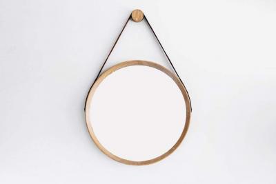 BEVERLY OAK AND LEATHER ROUND MIRROR CERUSED