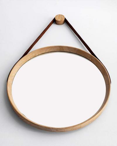 BEVERLY OAK AND LEATHER ROUND MIRROR CERUSED