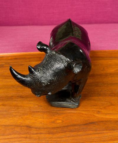 BLACK STONE CARVED RHINO SCULPTURE