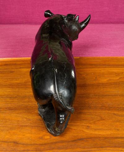 BLACK STONE CARVED RHINO SCULPTURE