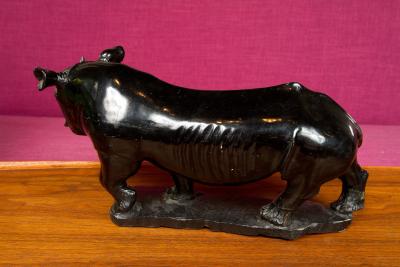 BLACK STONE CARVED RHINO SCULPTURE